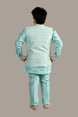 Boys ethnic motifs jacquard modi jacket with kurta & pajama set - sky blue 2