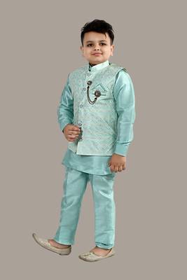 Boys ethnic motifs jacquard modi jacket with kurta & pajama set - sky blue 3