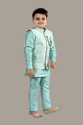 Boys ethnic motifs jacquard modi jacket with kurta & pajama set - sky blue 4