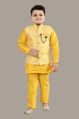 Boys ethnic motifs jacquard modi jacket with kurta & pajama set - yellow 1