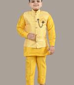 Boys ethnic motifs jacquard modi jacket with kurta & pajama set - yellow