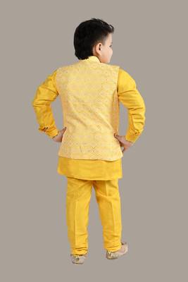 Boys ethnic motifs jacquard modi jacket with kurta & pajama set - yellow 2