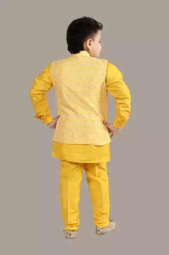 Boys ethnic motifs jacquard modi jacket with kurta & pajama set - yellow
