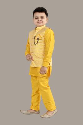 Boys ethnic motifs jacquard modi jacket with kurta & pajama set - yellow 3
