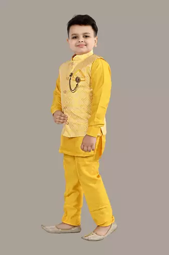 Boys ethnic motifs jacquard modi jacket with kurta & pajama set - yellow
