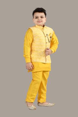 Boys ethnic motifs jacquard modi jacket with kurta & pajama set - yellow 4