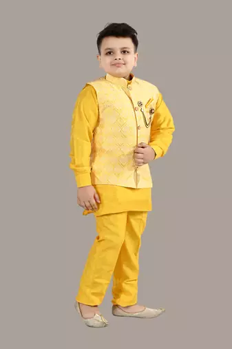 Boys ethnic motifs jacquard modi jacket with kurta & pajama set - yellow