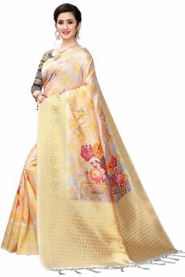 Peach Printed Cotton Poly Saree With Blouse 2