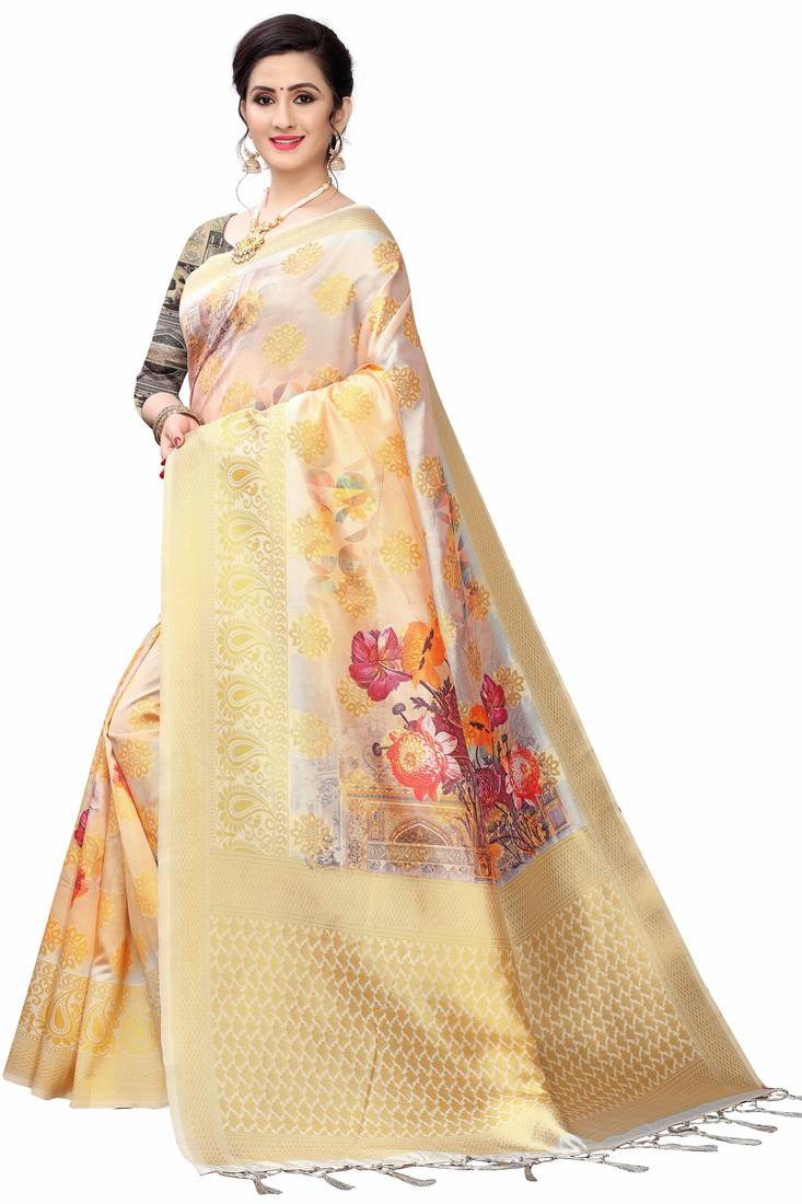 Peach Printed Cotton Poly Saree With Blouse