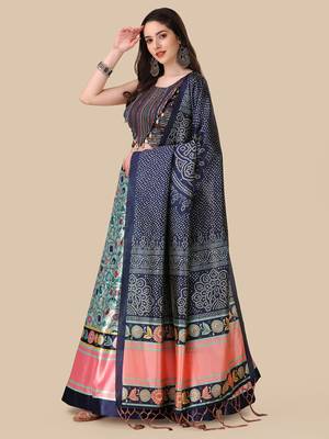 Kalamkari Digital Print Satin SemiStitched Lehenga Choli With Unstitched SequnceBlouse and Silk Dupatta For Women 2