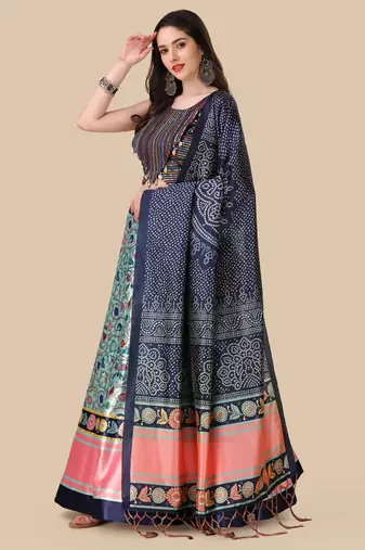 Kalamkari Digital Print Satin SemiStitched Lehenga Choli With Unstitched SequnceBlouse and Silk Dupatta For Women