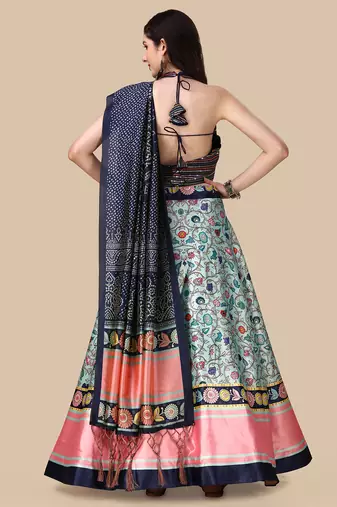 Kalamkari Digital Print Satin SemiStitched Lehenga Choli With Unstitched SequnceBlouse and Silk Dupatta For Women