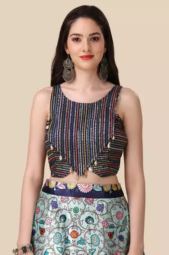 Kalamkari Digital Print Satin SemiStitched Lehenga Choli With Unstitched SequnceBlouse and Silk Dupatta For Women
