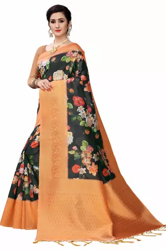 Black Printed Cotton Poly Saree With Blouse