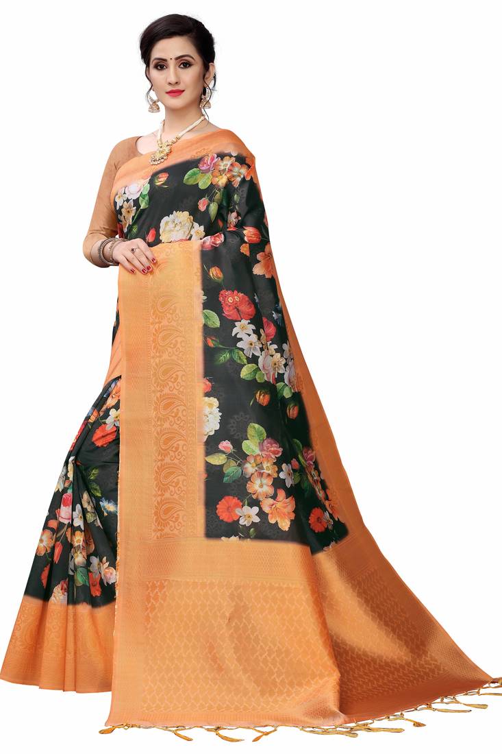 Black Printed Cotton Poly Saree With Blouse