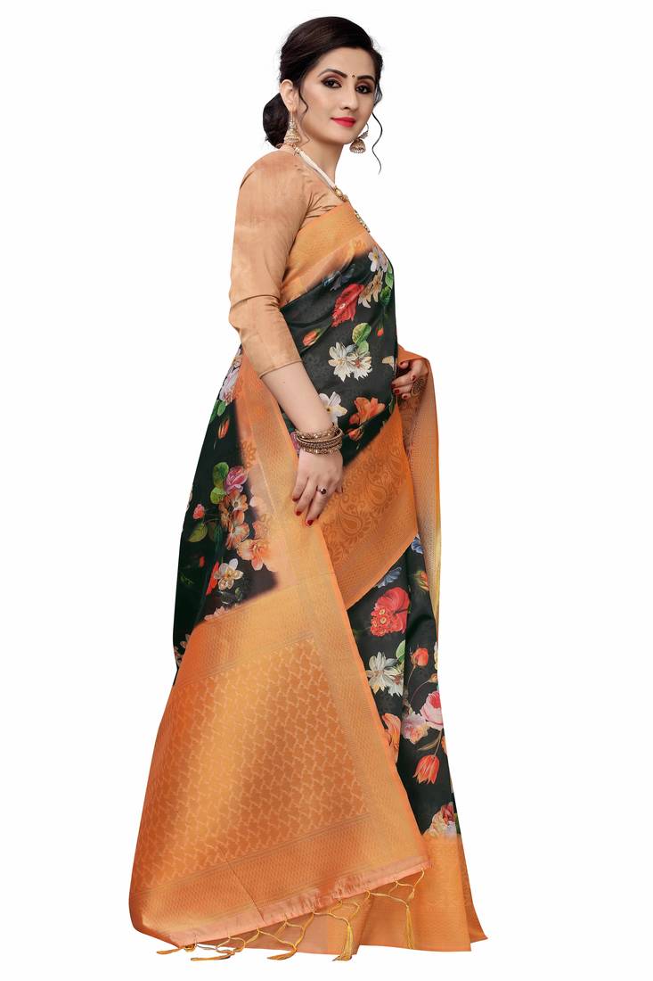 Black Printed Cotton Poly Saree With Blouse