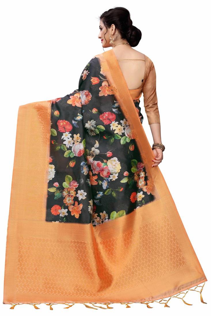 Black Printed Cotton Poly Saree With Blouse