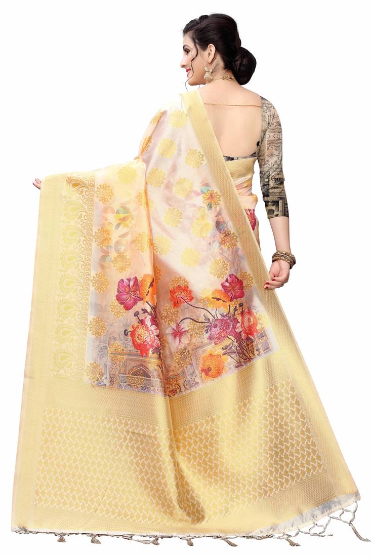 Peach Printed Cotton Poly Saree With Blouse