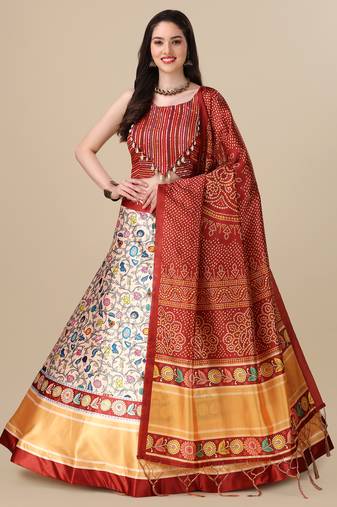 Kalamkari Digital Print Satin SemiStitched Lehenga Choli With Unstitched SequnceBlouse and Silk Dupatta For Women
