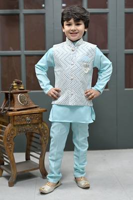 Boys zigzag embroidered sequined waistcoat with kurta & pant set - ice blue 2