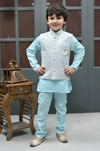 Boys zigzag embroidered sequined waistcoat with kurta & pant set - ice blue