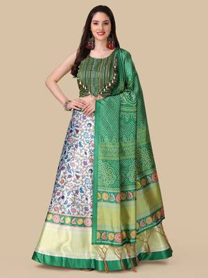 Kalamkari Digital Print Satin SemiStitched Lehenga Choli With Unstitched SequnceBlouse and Silk Dupatta For Women 1