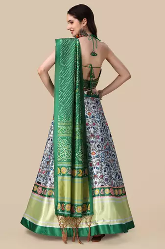 Kalamkari Digital Print Satin SemiStitched Lehenga Choli With Unstitched SequnceBlouse and Silk Dupatta For Women