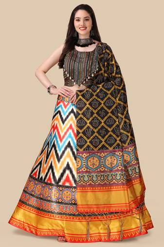 Ajarakh Digital Print Satin SemiStitched Lehenga Choli With Unstitched Sequnce Blouse and Shiney Silk Dupatta For Women