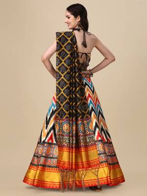 Ajarakh Digital Print Satin SemiStitched Lehenga Choli With Unstitched Sequnce Blouse and Shiney Silk Dupatta For Women 3