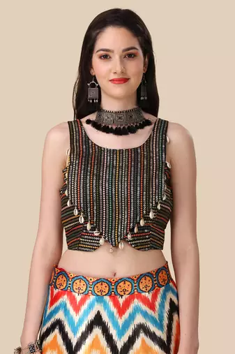 Ajarakh Digital Print Satin SemiStitched Lehenga Choli With Unstitched Sequnce Blouse and Shiney Silk Dupatta For Women