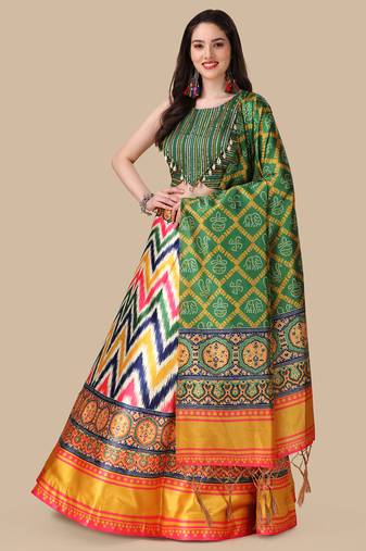 Ajarakh Digital Print Satin SemiStitched Lehenga Choli With Unstitched Sequnce Blouse and Shiney Silk Dupatta For Women