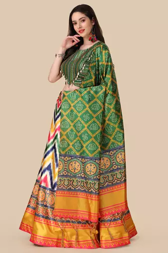 Ajarakh Digital Print Satin SemiStitched Lehenga Choli With Unstitched Sequnce Blouse and Shiney Silk Dupatta For Women