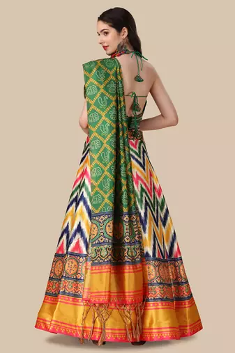 Ajarakh Digital Print Satin SemiStitched Lehenga Choli With Unstitched Sequnce Blouse and Shiney Silk Dupatta For Women