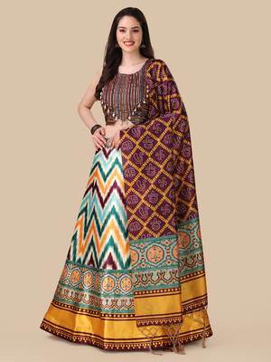 Ajarakh Digital Print Satin SemiStitched Lehenga Choli With Unstitched Sequnce Blouse and Shiney Silk Dupatta For Women 1
