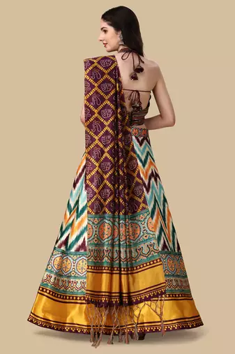 Ajarakh Digital Print Satin SemiStitched Lehenga Choli With Unstitched Sequnce Blouse and Shiney Silk Dupatta For Women