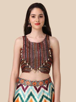 Ajarakh Digital Print Satin SemiStitched Lehenga Choli With Unstitched Sequnce Blouse and Shiney Silk Dupatta For Women 4