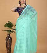 Firozi Hot Fix Diamond Work Emblished Jimmy Choo Saree With Blouse (Un-Stitched)