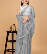 Grey Hot Fix Diamond Work Emblished Jimmy Choo Saree With Blouse (Un-Stitched)