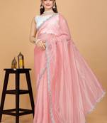 Peach hot fix diamond work emblished jimmy choo saree with blouse (un-stitched)