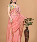 Peach Hot Fix Diamond Work Emblished Jimmy Choo Saree With Blouse (Un-Stitched)