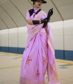 Purple Linen Woven Zari Weaving Casual Rich Pallu Saree With Blouse For Women