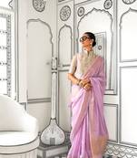 Lavender liinen Bland zari border casual wear saree with Blouse