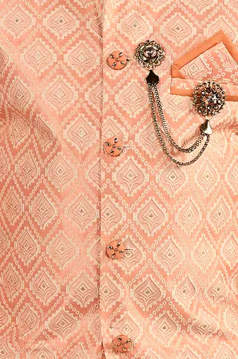 Boys ethnic motifs jacquard modi jacket with kurta & pajama set - orange