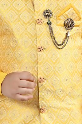 Boys ethnic motifs jacquard modi jacket with kurta & pajama set - yellow 5
