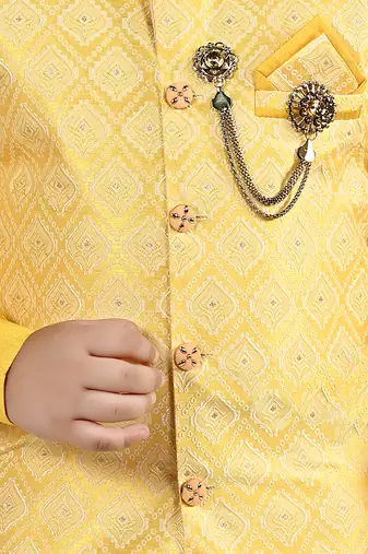 Boys ethnic motifs jacquard modi jacket with kurta & pajama set - yellow