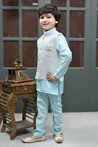 Boys zigzag embroidered sequined waistcoat with kurta & pant set - ice blue