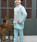 Boys zigzag embroidered sequined waistcoat with kurta & pant set - ice blue