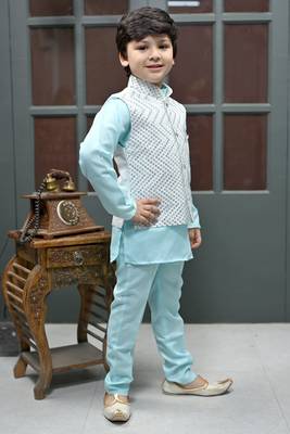 Boys zigzag embroidered sequined waistcoat with kurta & pant set - ice blue 3