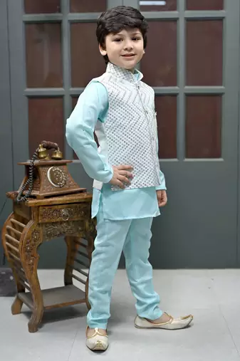 Boys zigzag embroidered sequined waistcoat with kurta & pant set - ice blue