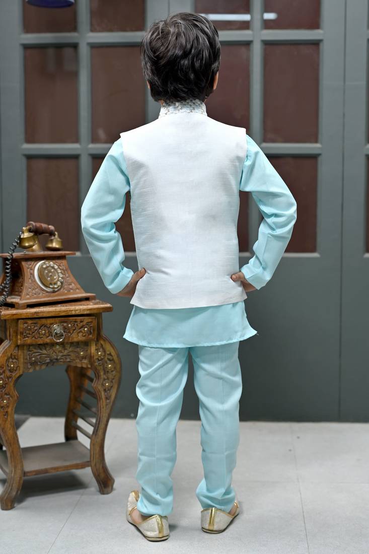 Boys zigzag embroidered sequined waistcoat with kurta & pant set - ice blue